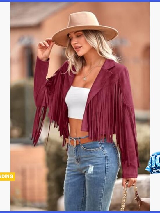 Faux Suede Fringe Motorcycle Cropped Jacket with Tassel Design - Picture 4 of 7